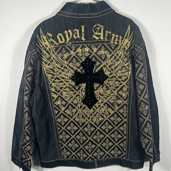 🔥🔥 “NWT” ROYAL ARMY Black Denim & Gold JACKET “Affliction Style” - Sz Large - Picture 9 of 12